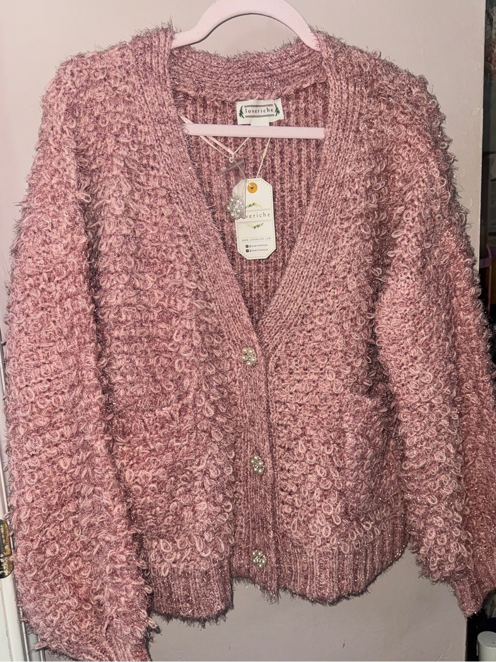 Love Riche Pink Loop-Knit V-Neck Cardigan with Decorative Buttons